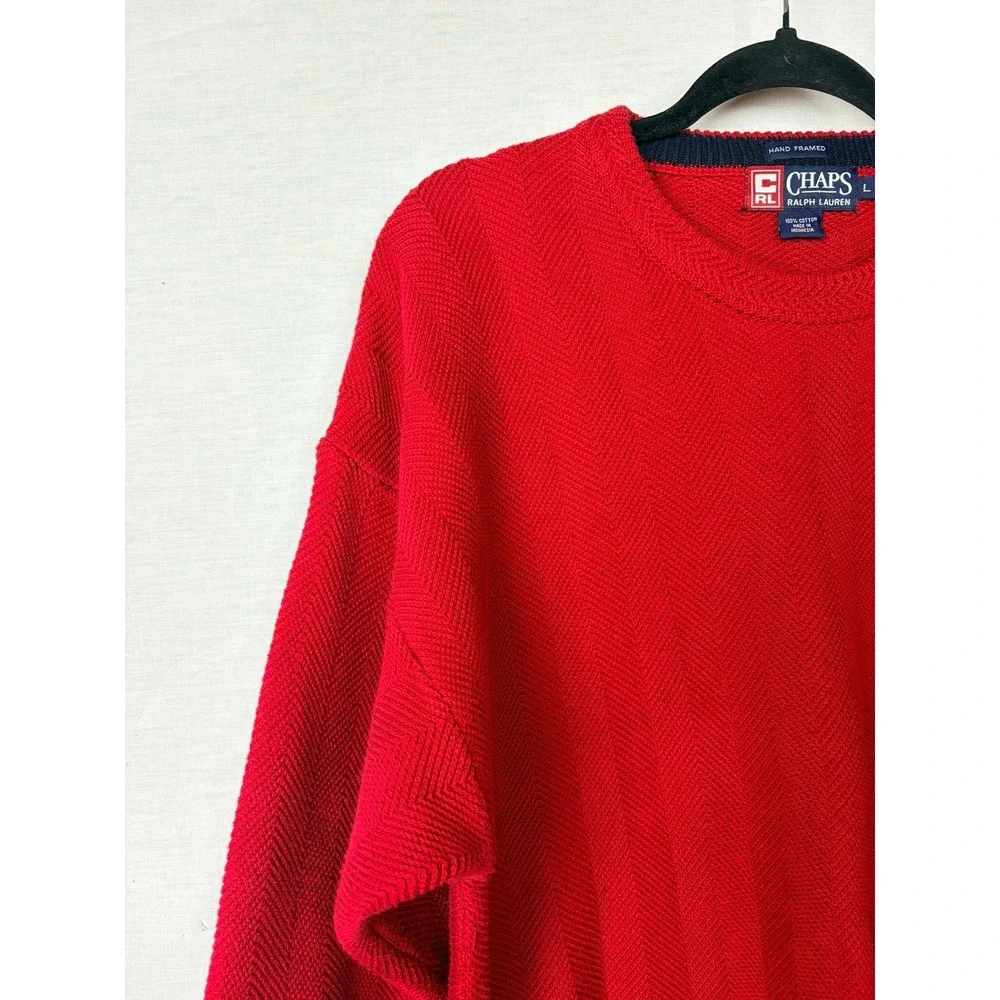 Chaps Ralph‎ Lauren Mens Red Herringbone Knit Cotton Crewneck Sweater Large